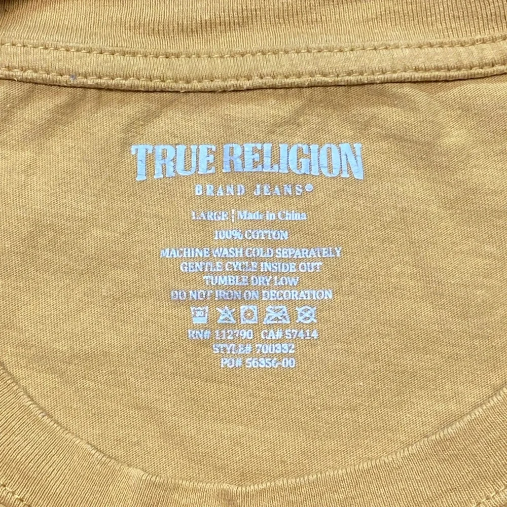 True Religion Shirt Sz L Mens Yellow Streetwear Horseshoe Logo Tape Sleeve